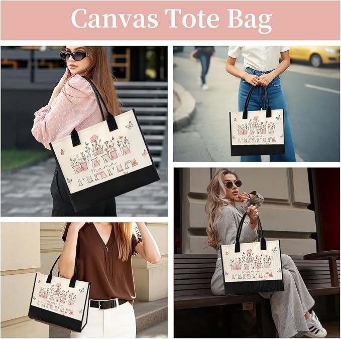 Mothers Day Gifts for Mom - Spacious Canvas Tote Bag for Women, Beautiful Floral Print New Mom Birthday Gifts, Sturdy Ties & Bottom Reusable Grocery Bags, Mama Gift for Shopping Beach Travel Work