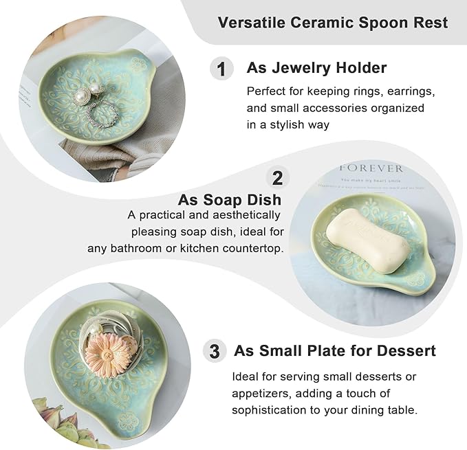 Farmhouse Ceramic Spoon Rests Holder for Kitchen Counter Stove Top (Green-A3)