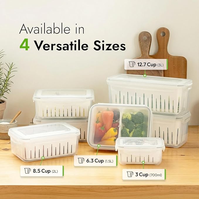 carrotez 8.5 Cup Produce Saver Container for Fridge with White Colander, Airtight Fruit & Vegetable Storage Bin, Removable Strainer Basket, BPA-Free, Stackable, 2.0L