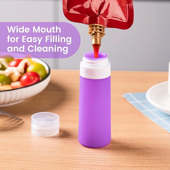MICEBAY Condiment Squeeze Bottles for Sauces, 3-oz Mini Silicone Salad Dressing Container to Go with Snack Storage Bag, Leakproof Sauce Bottles for Lunch Box, 4 Pack, Purple