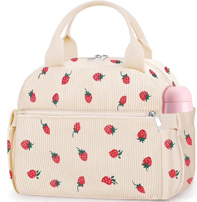 KUBYA Lunch Box for Women, Cute Strawberry Corduroy Insulated Lunch Bag Women Reusable Work Leakproof Simple Adults Large Lunch Boxes Tote Bag Men Cooler Bag