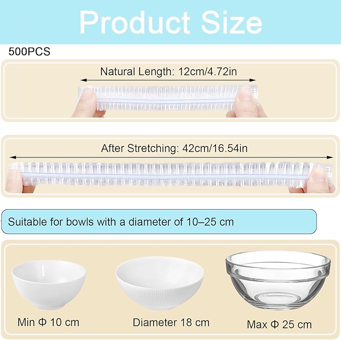 500pcs Plastic Bowl Covers Food Cover, Food Fresh Keeping Bags Elastic Reusable Plastic Stretch Elastic Food Storage Covers Kitchen Dining Plate Bread Proofing Universal Kitchen Wrap (Color-M)