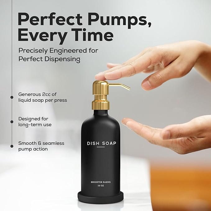 Luxury Glass Dish Soap Dispenser for Kitchen Sink by Brighter Barns - Refillable Glass Kitchen Soap Dispenser Set - Black and Gold Home Decor for Modern Airbnb, Rentals, Restaurants, Gift (Black/Gold)