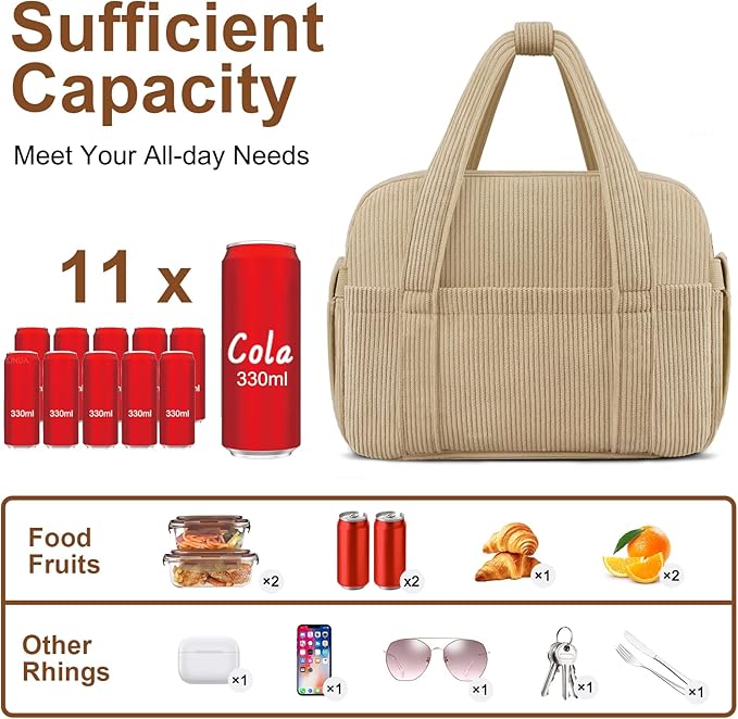 KUBYA Corduroy Lunch Box Lunch Bag for Women Men, Cute Strawberry Small Insulated Reusable Work Leakproof Simple Lunch Boxes Tote Bag Adults Cooler Bag