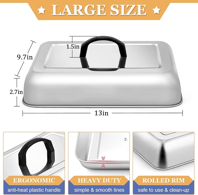 Rectangle Cheese Melting Dome, HaSteeL Stainless Steel Basting Cover for Flat Top Griddle BBQ Steaming Grilling Cooking Indoor & Outdoor, Large 13In & Small 9.3In, Heavy Duty & Dishwasher Safe(2 Pcs)