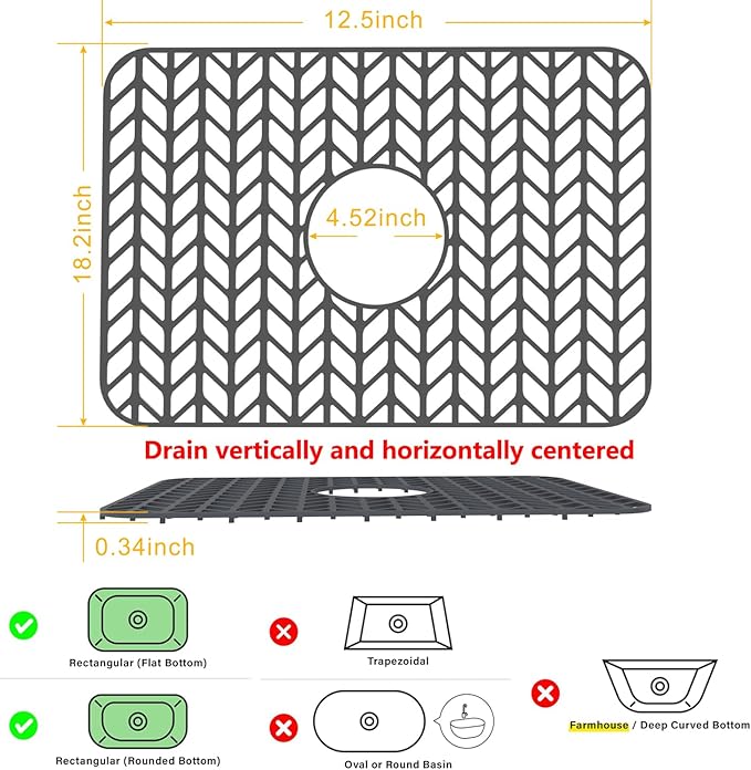 Sink Protectors for Kitchen Sink 12"13"16"18"19"24"26"28"29"30",Silicone kitchen sink mats protector for bottom of farmhouse sink(18.2"x12.5" Gray)