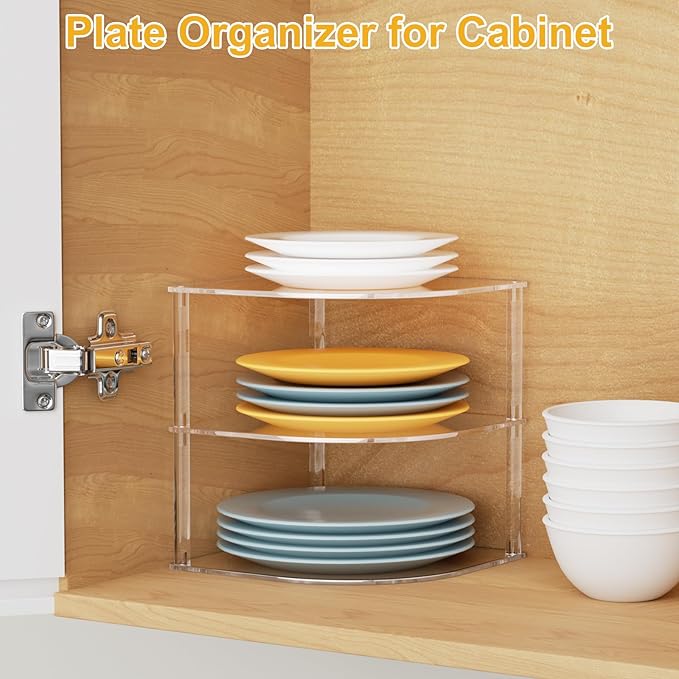 2 Pack Acrylic Plate Organizer for Cabinet, Corner Kitchen Cabinet Countertop Dish Organizer Shelf Kitchen Plate Rack Holder for Plates, Dishes, Bowls