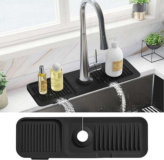 PoYang 17.7 Inch Faucet Mat for Kitchen Sink Splash Guard Behind Faucet, Sink Protectors for Kitchen Sink Faucet Mat Splash Guard for Kitchen Sink Area, Long Silicone Faucet Guard Draining Mat, Black