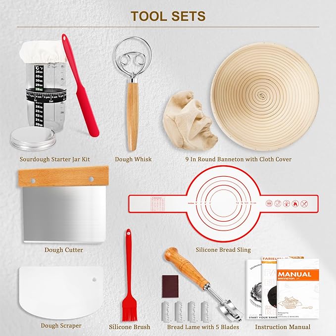 Complete Sourdough Starter Kit, Bread Baking Supplies, 9'' Round Banneton Bread Proofing Basket with Glass Sourdough Starter Jar & Tools, Bakery Accessories for Bread Making Baking Fermentation