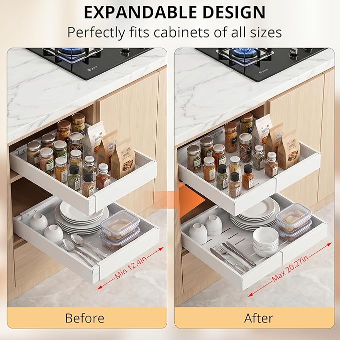 DOMNIU 4 Pack Pull Out Cabinet Organizers Expandable Width (12.4''-20.27''), Metal Slide Out Drawers, Upgrade 3 Slide Rails Sliding Drawer for Kitchen Cabinet Organizer with Adhesive Nano Film, White