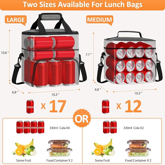 Vankor Insulated Lunch Bag for Men Women, Reusable Lunch Box Leakproof Cooler Lunch Tote Bag with Adjustable Shoulder Strap for Work Office Picnic Beach Travel, Grey