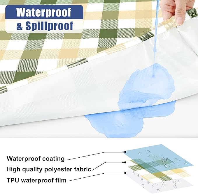Smiry Picnic Table Cloth 2 Pack, Waterproof Elastic Fitted Tablecloths for 6FT Rectangle Tables, Washable Polyester Buffalo Plaid Tablecloth for Easter & Outdoor (Sage Green & Beige, 30" x 72")