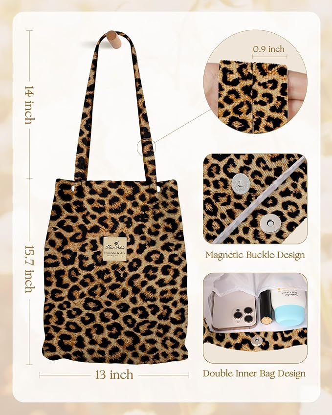 Miss Adola Corduroy Tote Bag for Women - Reusable Totes with Magnetic Buckle & Pocket Aesthetic Design Work Grocery Bags
