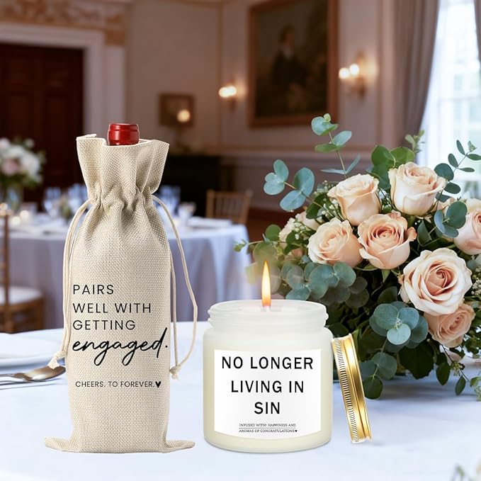 Engaged Engagement Gifts for Couples Her Engagement Party Decorations for Couple Wine Bag Scented Candles Set Pairs Well with Getting Engaged Wine Bag No Longer Living In Sin