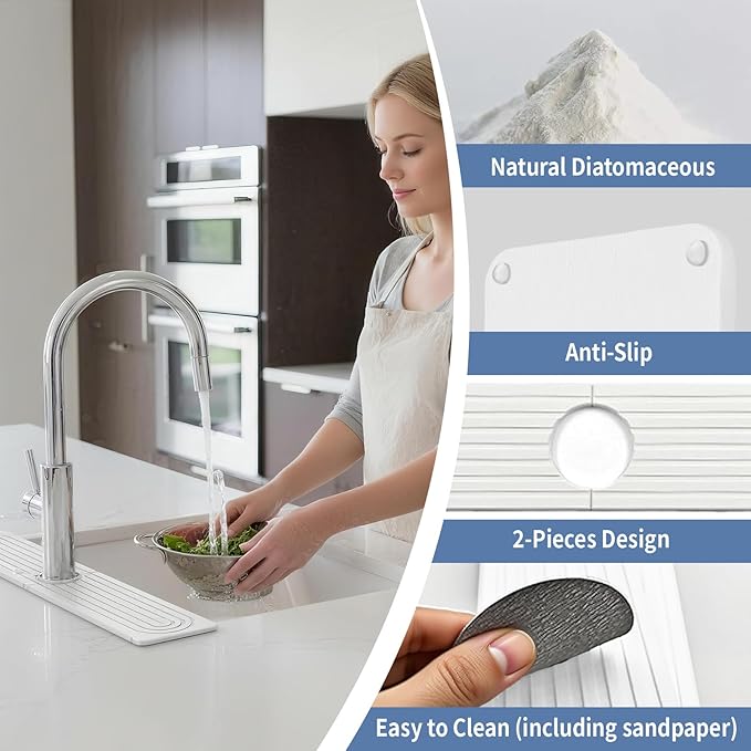 15.8"x3.9" Stone Faucet Mat for Kitchen Sink, Diatomite Quick Dry Kitchen Sink Splash Guard Water Absorbent Drying Mat, Drying Stone Sink Tray for Bathroom Counter, White