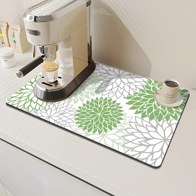 Findosom 2PCS 17" x 32" Dish Drying Mat & 24" x 5.5" Sink Splash Guard, Super Absorbent & Cuttable Dish Mat Drying Kitchen Mat with Green Floral, Hide Stain Drying Mat for Kitchen Counter