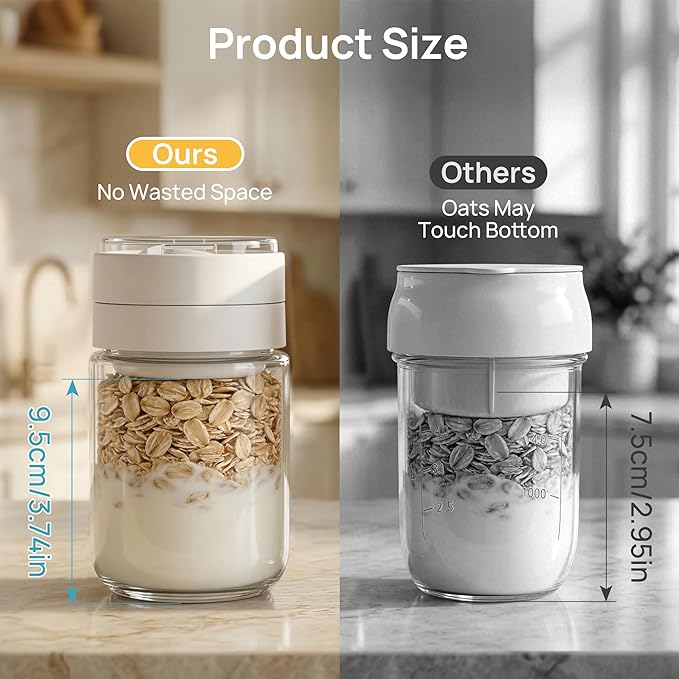 Vtopmart 6 Pack 16 oz Overnight Oats Containers with Lids, Folding Spoons and Divided Compartments, Airtight Leakproof, Glass Jars for Overnight Oats, Yogurt, Fruit, Chia Pudding, Meal Prep