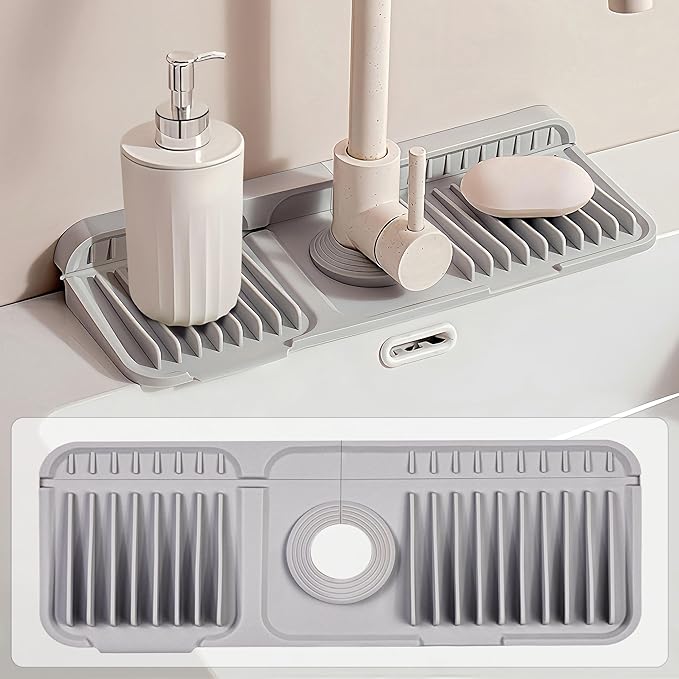 14.5 inch Silicone Faucet Mat for Kitchen Sink - 6° Slope & Fasten Button Design, Quick-Dry Splash Guard Water Catcher Behind Faucet, RV/Bathroom Safe (Gray)