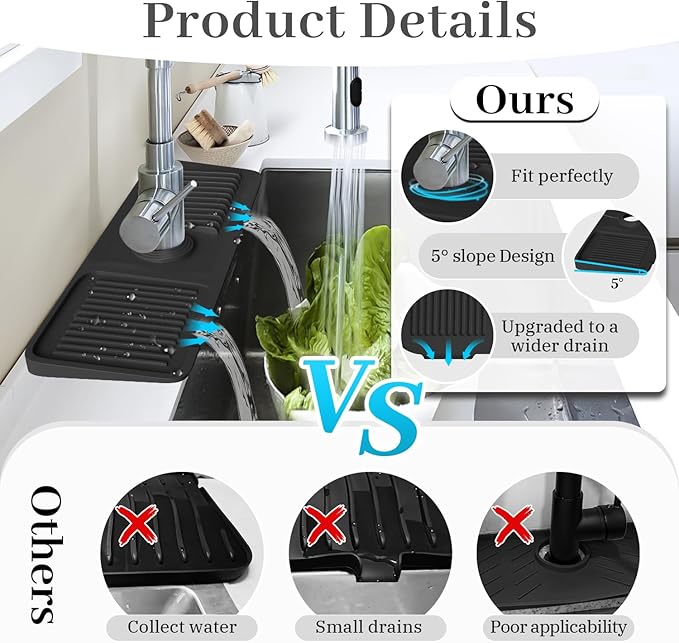 PoYang 17.7 Inch Faucet Mat for Kitchen Sink Splash Guard Behind Faucet, Sink Protectors for Kitchen Sink Faucet Mat Splash Guard for Kitchen Sink Area, Long Silicone Faucet Guard Draining Mat, Black