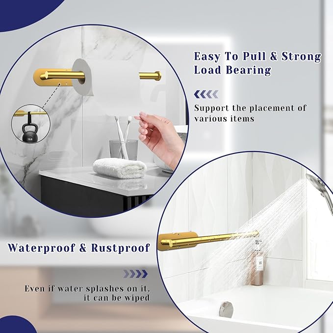 Paper Towel Holder, Self Adhesive or Drilling Paper Towel Holder Under Cabinet, Stainless Steel Paper Towel Holders Wall Mount for Kitchen, Bathroom, Sink, Pantry, Fridge (Gold)