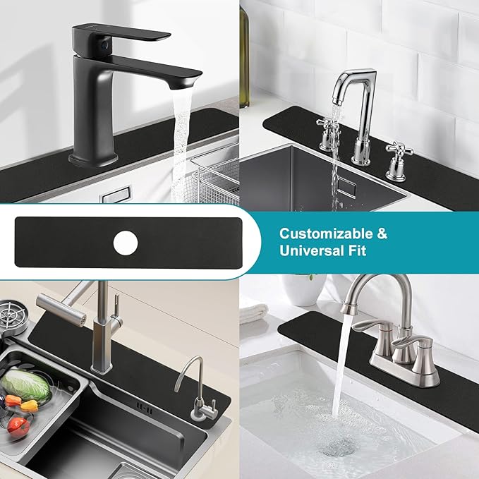 Customizable 24"L x 5.5"W Kitchen Sink Faucet Mat & 24"Lx16"W Dish Drying Mat Set - Absorbent Microfiber Splash Guard Trimmable to Fit 2 & 3 Holes Faucet & Soap Dispenser - Cuttable Counter Protector