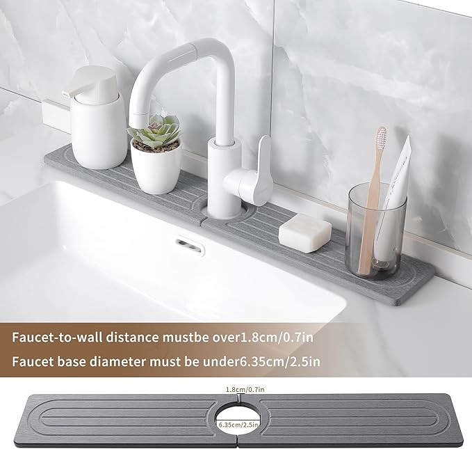 Premium Diatomite Stone Drying Mat for Kitchen Counter - Faucet Mat for Kitchen Sink, Sink Protector & Splash Guard, Quick-Dry Kitchen Sink Mat,Super Absorbent (Gray, 15.8"x4")