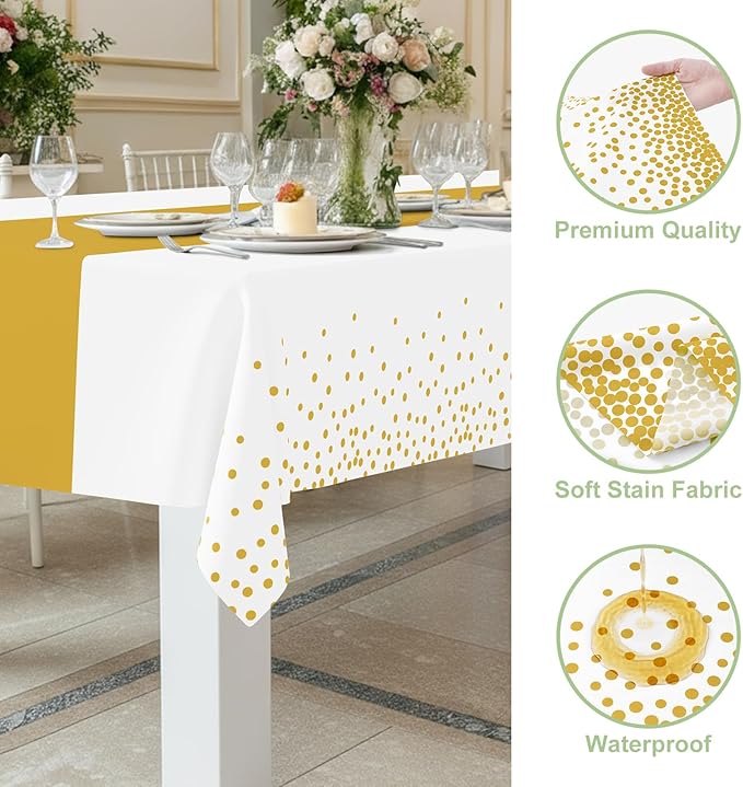 Smiry Plastic Table Cloth Disposable 5 Pack, 54 x 108 Inch Rectangle Waterproof Tablecloth, Printed Gold Table Runner Style for Birthday Weeding, Party Decorations, Leakproof & Sturdy, White and Gold