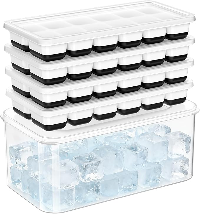 NFK Ice Cube Tray with Lid & Bin - 4 Pack 48 Cubes Stackable Silicone Trays for Freezer with Storage Container, Leak-Proof Lids, BPA-Free, Easy Release for Kitchen, RV, Party, Cocktail & Coffee