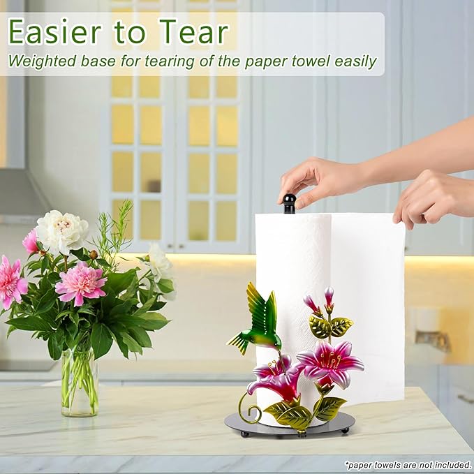 Flower & Hummingbird Decor Paper Towel Roll Holder Countertop - Farmhouse Kitchen Decor and Accessories, Hummingbird Housewarming Gifts for Women Mom Grandma, 3D Handmade Pattern, Weighted Base