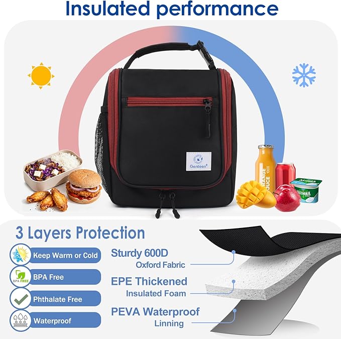 Genteen Kids Lunch Box, Insulated Lunch Bag for men, Toddler, Girl, and Boy; Holds Lunch Box, Water Bottle, & Snacks; Easy-Clean Water-Resistant Fabric & Multiple Zippered Pockets (Black)