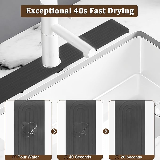 Fast Drying Faucet Mat for Kitchen Sink - 24 Inch Quick Dry Stone Diatomite Faucet Splash Guard & Drip Catcher with Sponge Foot Pads for Kitchen Sink, Bathroom Tray Counter Prevents Moisture Buildup