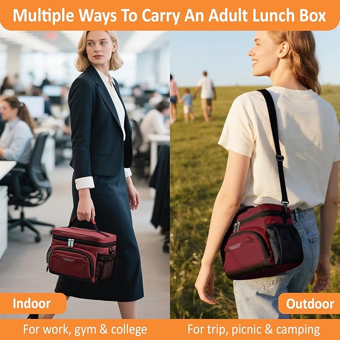 Vankor Large Insulated Lunch Bag for Men Women kids, Reusable Lunch Box kids Leakproof with Adjustable Shoulder Strap for Work Teacher School Picnic Beach Travel, Burgundy
