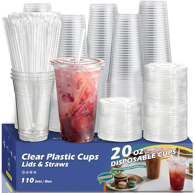 110 Pack 20 oz Clear Plastic Cups with Lids and Straws, Extra-Large Disposable Iced Coffee Cups To Go, BPA-Free Cold Drink Cups for Smoothie, Boba, Parties
