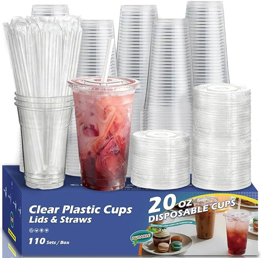 110 Pack 20 oz Clear Plastic Cups with Lids and Straws, Extra-Large Disposable Iced Coffee Cups To Go, BPA-Free Cold Drink Cups for Smoothie, Boba, Parties