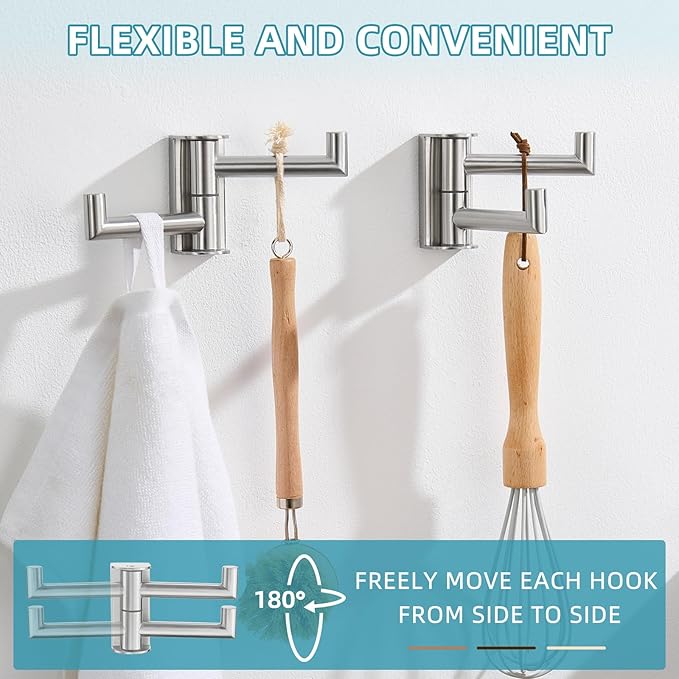 Angle Simple Swivel Towel Double Hook 2 Pack, Brushed Nickel 304 Stainless Steel Bathroom Robe Hook