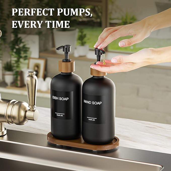MASADI Black Glass Hand Soap and Lotion Dispenser Set with Tray, Liquid Hand Soap Dispenser and Pump, Bathroom Soap Dispenser Set, Bamboo Bathroom Accessories & Modern Bathroom Deco