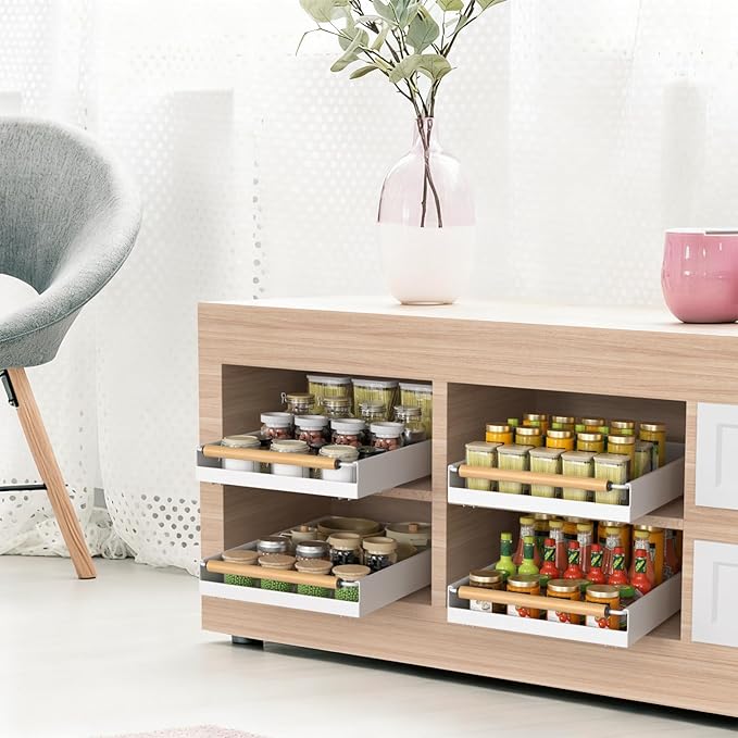 Pull out Cabinet Organizer, 16" Deep Pull Out Drawer for Kitchen Cabinets Adhesive with Nano Film, Slide out Cabinet Organizer Shelf for Pantry Bathroom Organization White