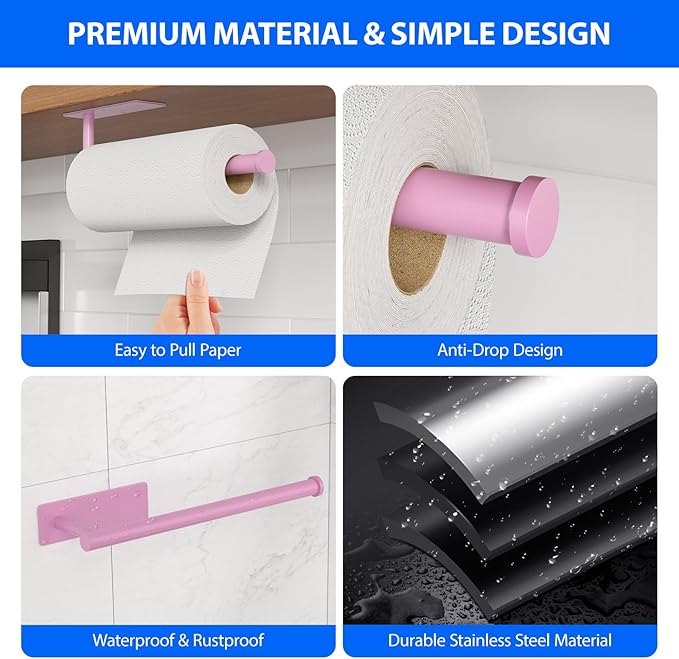 Paper Towel Holder Under Cabinet, Self-Adhesive,No Drilling, Stainless Steel, Wall-Mounted for Kitchen and Bathroom, Easy Install, Durable, Space-Saving, Ideal for Home, RV (Pink, 1 Pack)