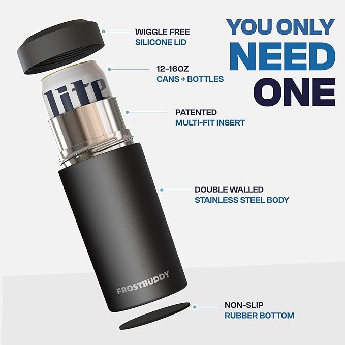 Frost Buddy Universal Buddy Can Cooler - Fits All - For Regular 12 & 16 oz or Slim-Size Bottles - Insulated Double-Walled Stainless Steel (Ice Cream)