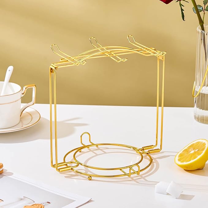 Teacups and Saucers Display Stand, Tea Cup Holder, Metal Foldable Storage Rack for Espresso and Cappuccino Cup - Gold
