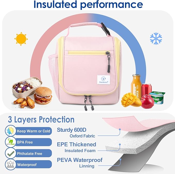 Genteen Kids Lunch Box, Insulated Lunch Bag for Kids, Toddler, Girl, and Boy; Holds Lunch Box, Water Bottle, & Snacks; Easy-Clean Water-Resistant Fabric & Multiple Zippered Pockets (Pink)