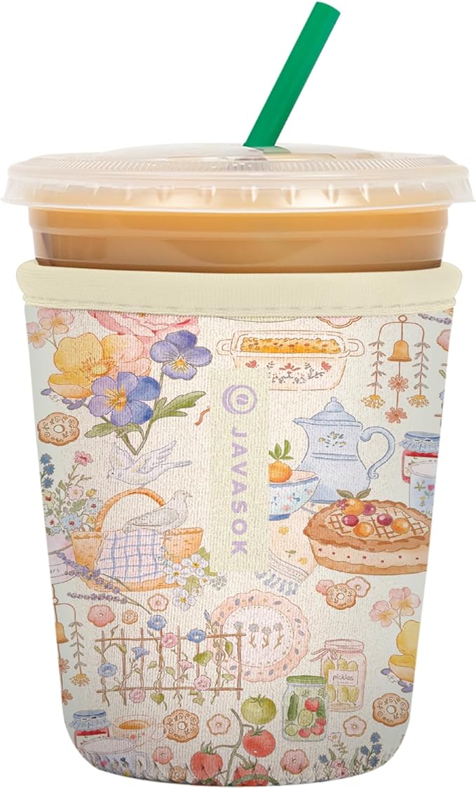 Sok It JavaSok Iced Coffee & Cold Soda Insulated Neoprene Cup Sleeve (Cottage Core, Small: 16-20oz)