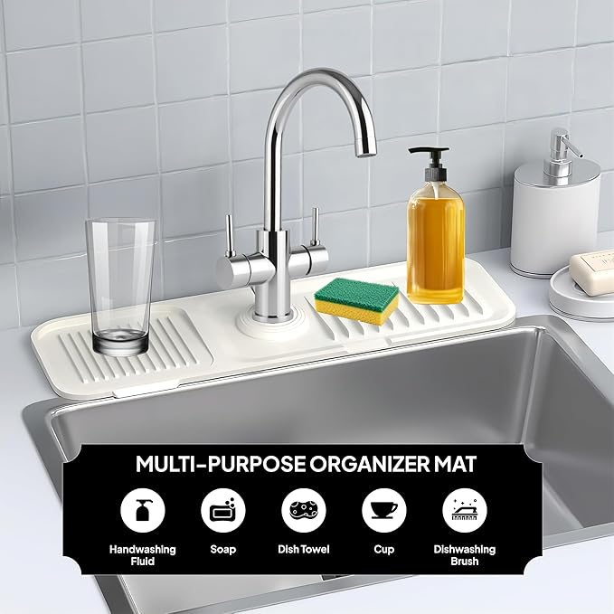 17 Inch Silicone Faucet Mat for Kitchen Sink Splash Guard & Draining Tray Sink Protector with Soap & Sponge Holder White (Purest Peak)