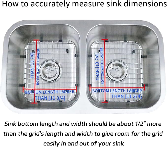 2 Pack 11-3/4"x13-7/8 Sink Grid - 304 Stainless Steel Heavy Duty Kitchen Sink Protector Rack with Center Drain & Built-in Strainer, Scratch Resistant Bottom