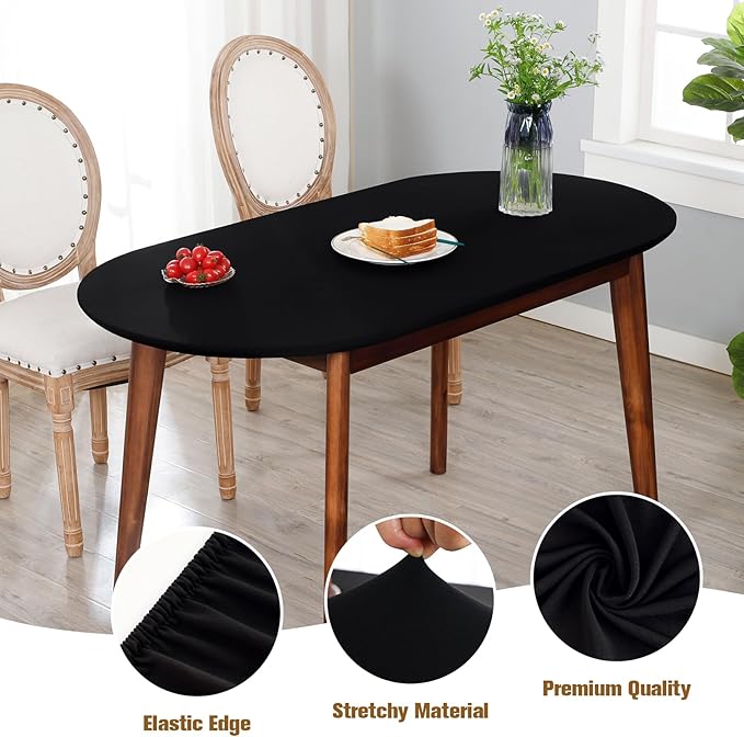 NEWISHER Fitted Oval Tablecloth 42 x 60 Inch Elastic Table Cloth, Stretch Spandex Table Cover Black Washable Polyester Top Cap Cover for Dining Picnic Camping Indoor and Outdoor