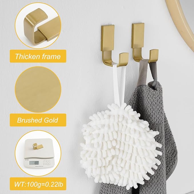 BESy Brass Clothes Hook Single Towel Hook for Bathroom Kitchen Garage Square Style Robe Hooks Coat and Hat Hook, Wall Mounted with Screws, Two Packs, Brushed Gold