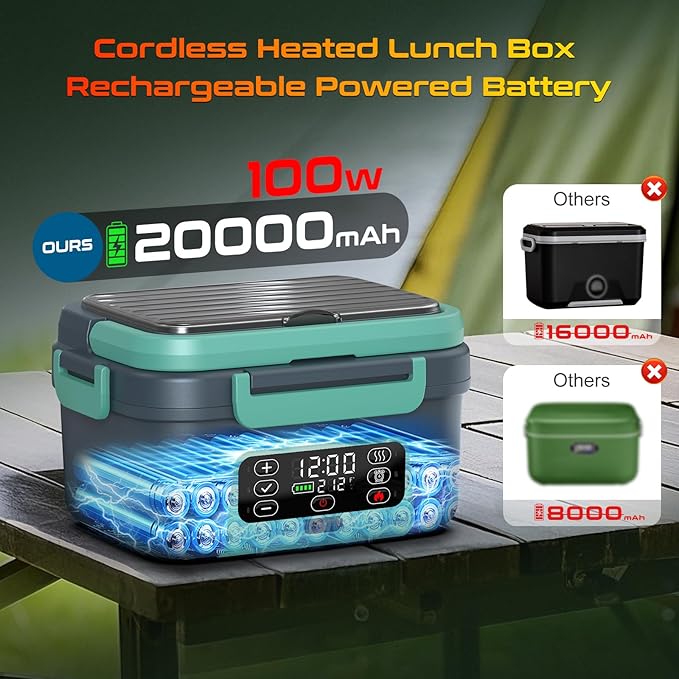 Cordless Electric Heated Lunch Box, XL 6.3Cups Rechargeable Food Warmer Lunch Box with Self Heating, Smart Timer, Adjustable Temperature, Leakproof, BPA Free, Removable Divider Dark Gray
