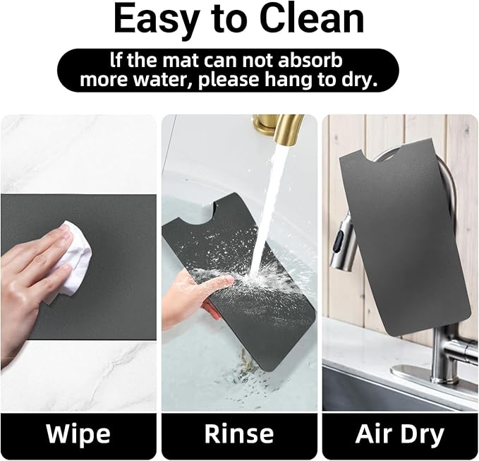 LOPNUR Faucet Mat for Kitchen Sink Protectors, 24 Inch Long Kitchen Sink Splash Guard Behind Faucet, Cuttable Bathroom Water Splash Guard with Super Absorbent Diatomite Fast Drying, Grey