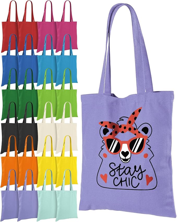 Lzerking Canvas Tote Bag Bulk 24 Pack Colored Canvas Bag for Gift, 13x15 Inches 12oz Heavy Duty Medium Reusable Blank Cloth Bags for Painting, Heat Transfer Vinyl