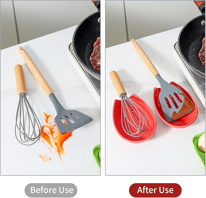Hasense Spoon Rest Set of 2 for Stove top, Cooking Spoon Holder for Kitchen Counter, Ceramic Utensil Rest for Ladle, Spatula, Tong and Spoon, Heat-Resistant Spatula Holder, Red
